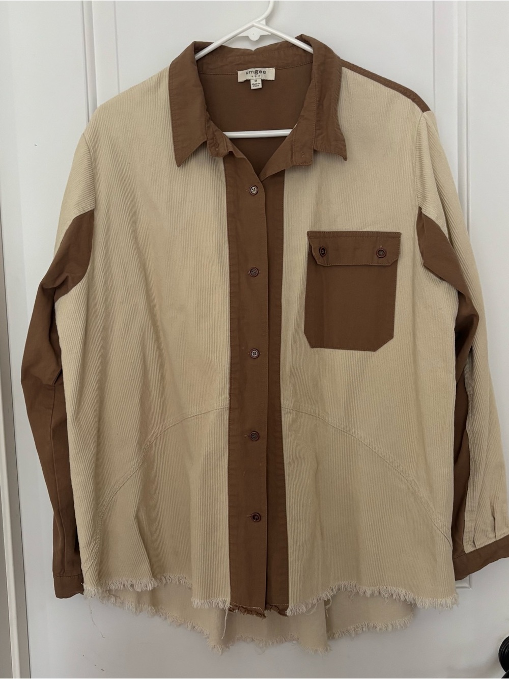 Umgee 2 tone corduroy jacket medium cream brown button front oversized fringe